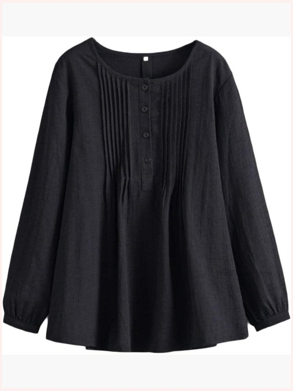 Scoop Neck Pleated Blouse Button Tunic Top Long Sleeve